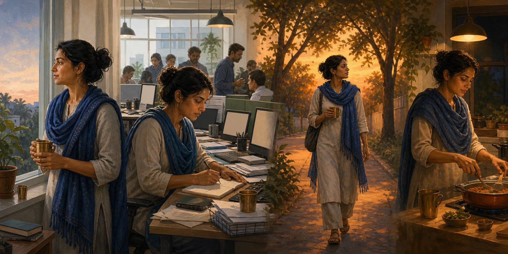 A panoramic sequence shows one worker breathing by a window, working at a desk, walking under trees, and preparing an evening meal.