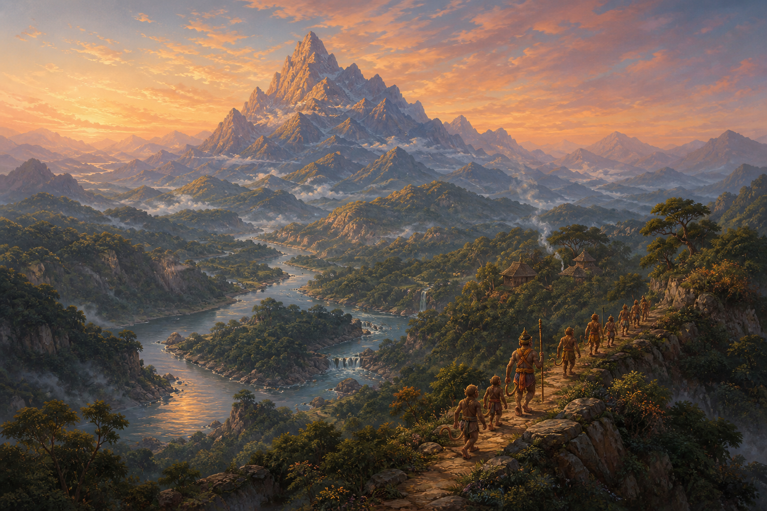 Vanara travelers follow a ridge path through forested foothills toward a high mountain above rivers and misty valleys.