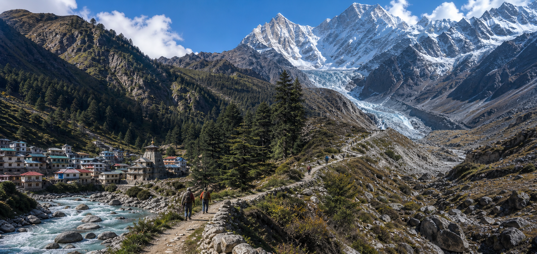 A winding pilgrimage path rises from a riverside Himalayan settlement through forest and alpine slopes toward a distant glacier.