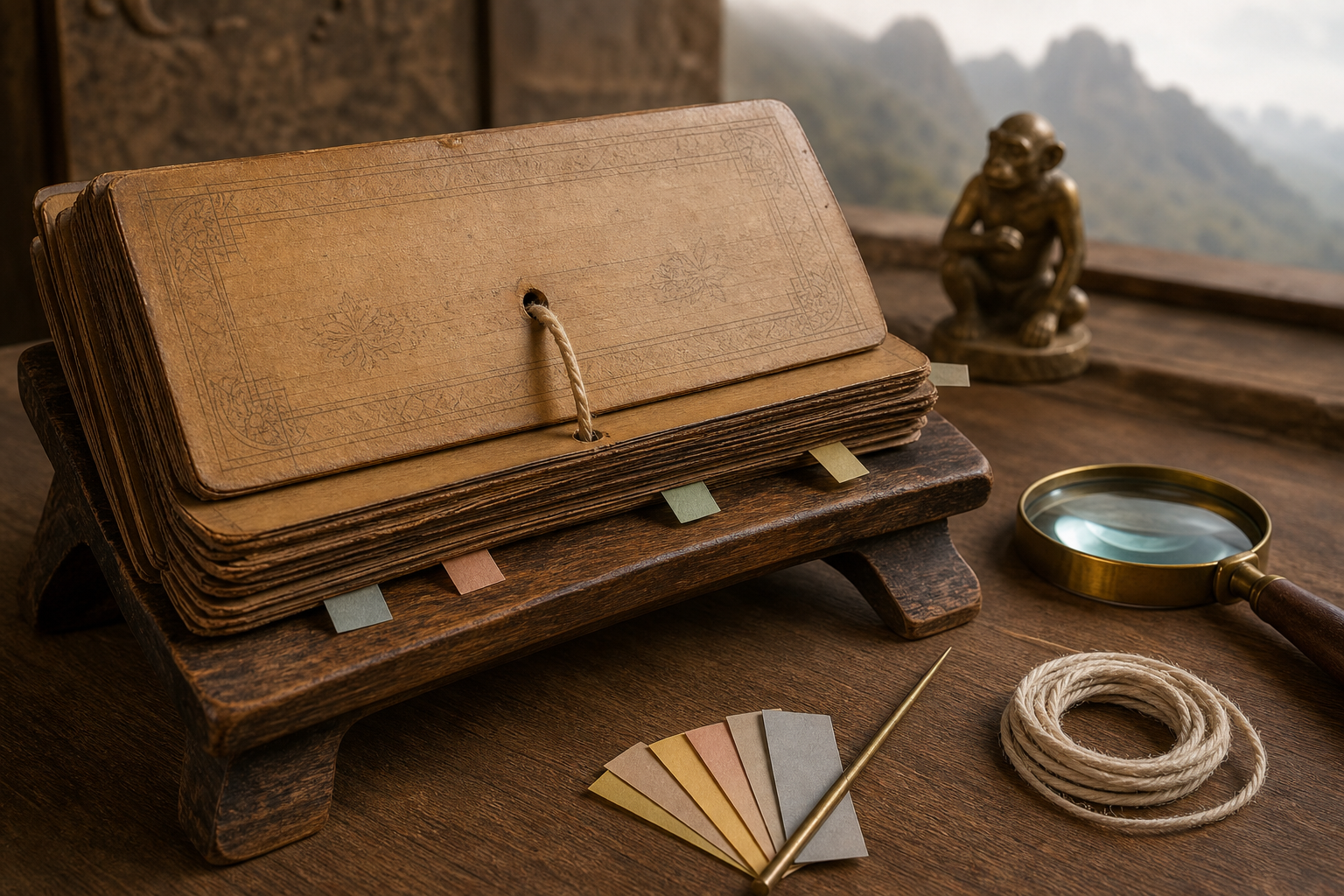 Palm-leaf manuscript folios, a magnifying lens and a stylus rest on a wooden reading stand beside a small vanara figurine.