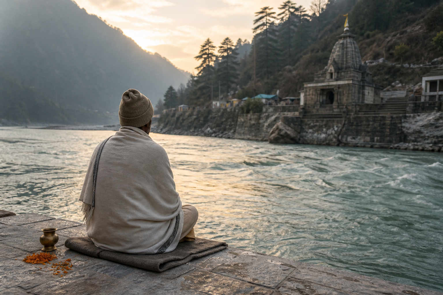 A pilgrim sits in quiet prayer on stone steps beside the Bhagirathi River at dawn, with a temple in the distance.