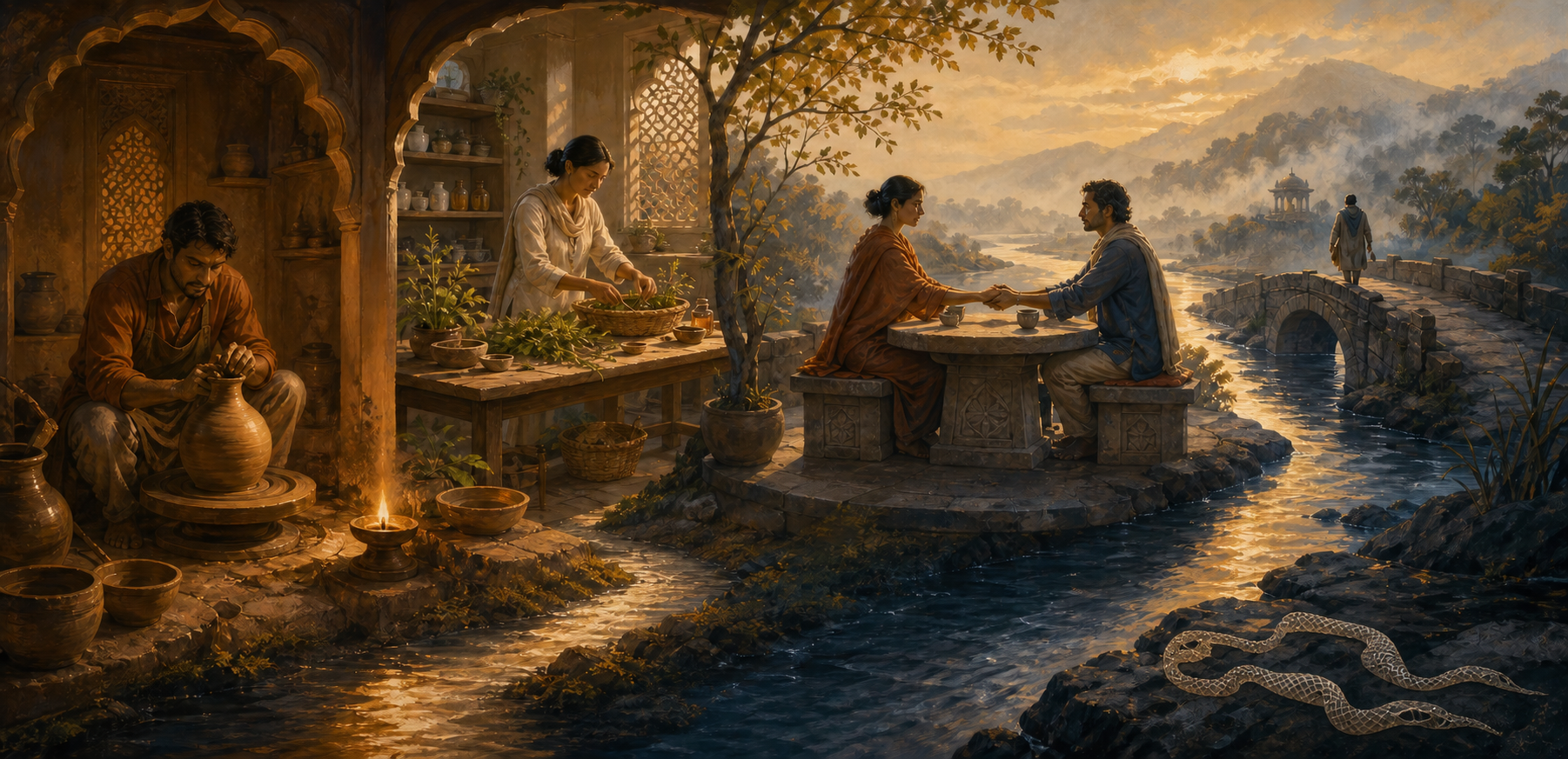 A connected panorama shows pottery making, practical caregiving, two people meeting as equals, and a figure crossing a bridge beside a shed snakeskin.
