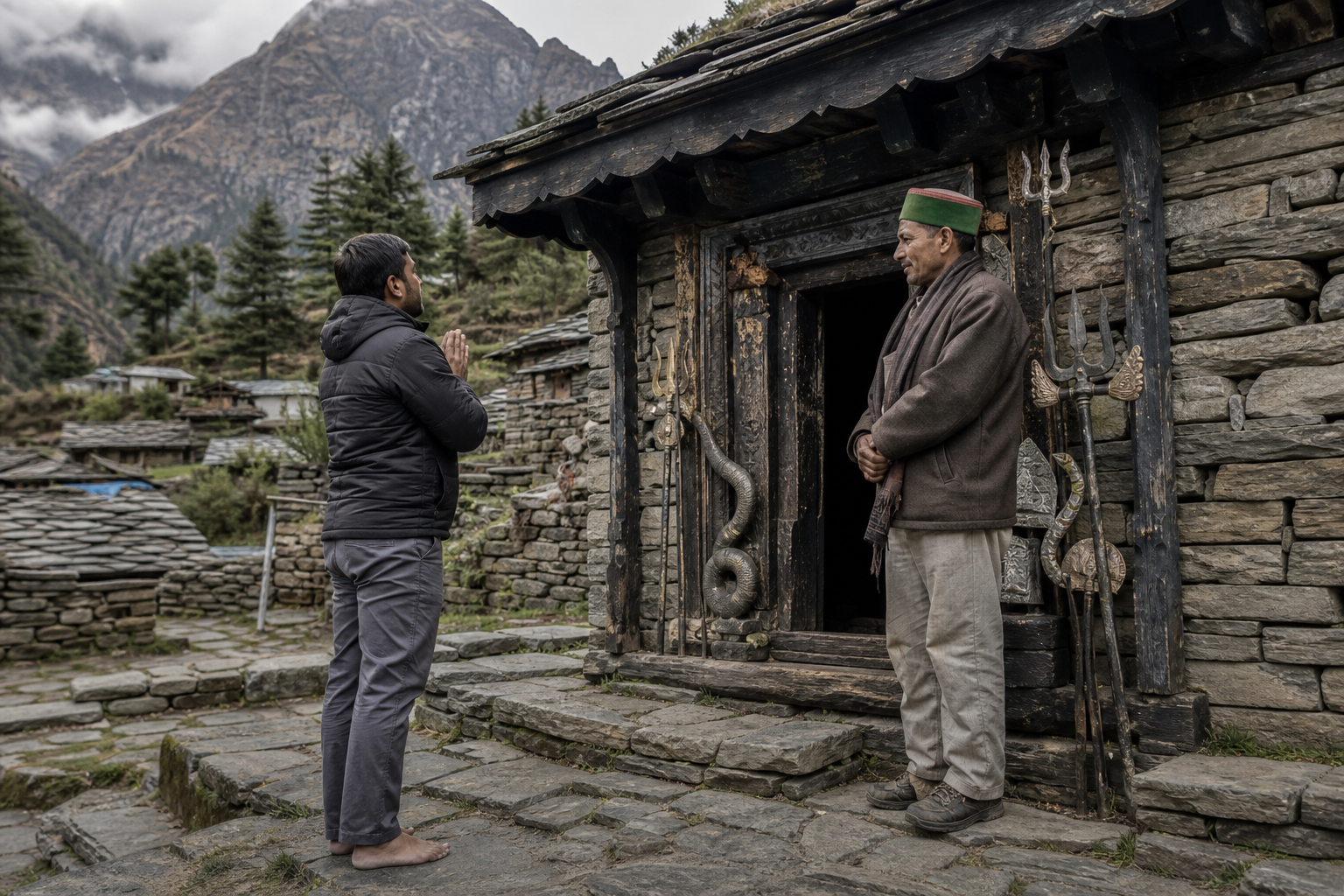 A barefoot pilgrim greets a local custodian at the entrance of a small stone-and-wood mountain shrine with subtle serpent motifs.
