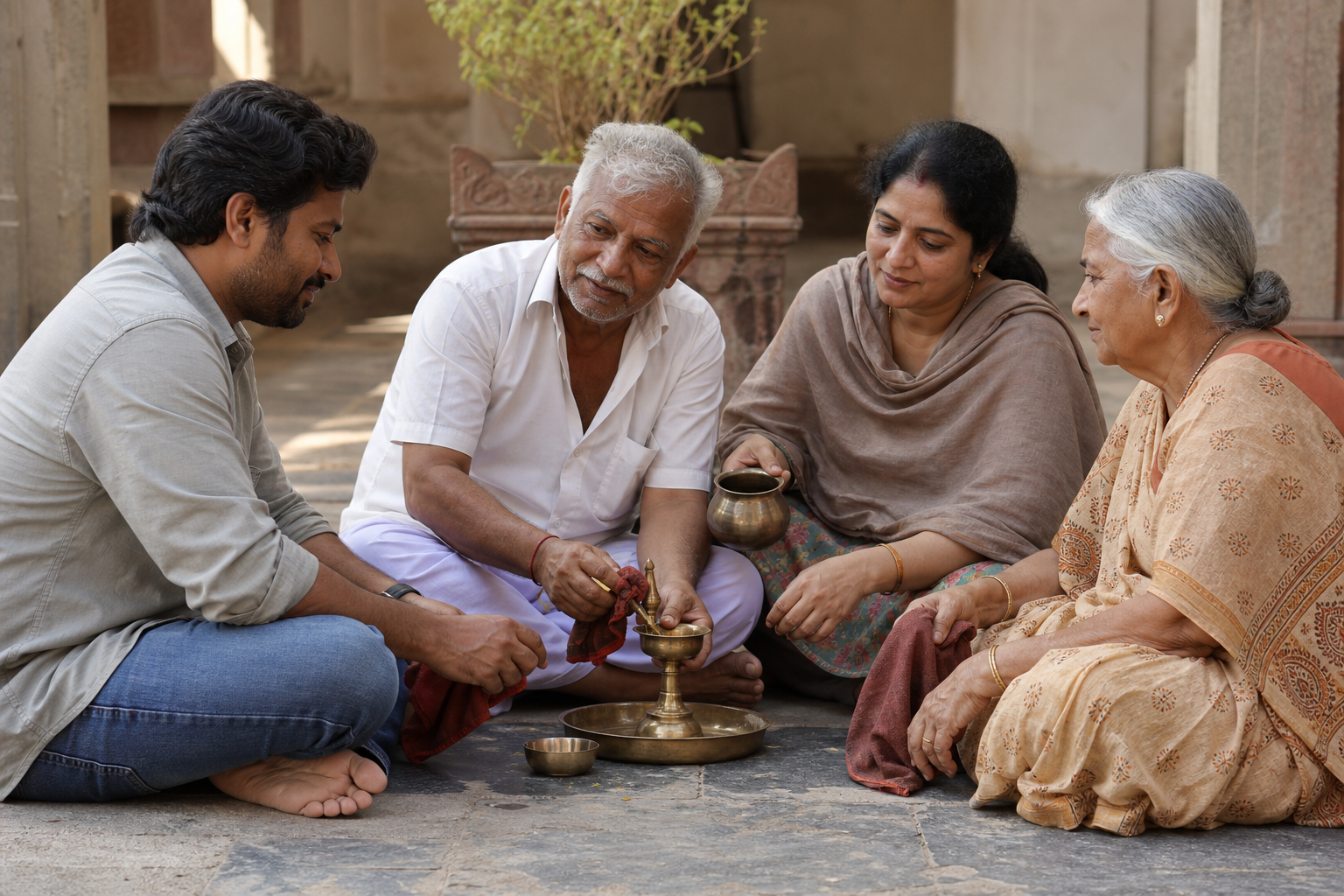 Four people sit in an open circle in a temple courtyard while one of them cleans and refills a brass oil lamp.