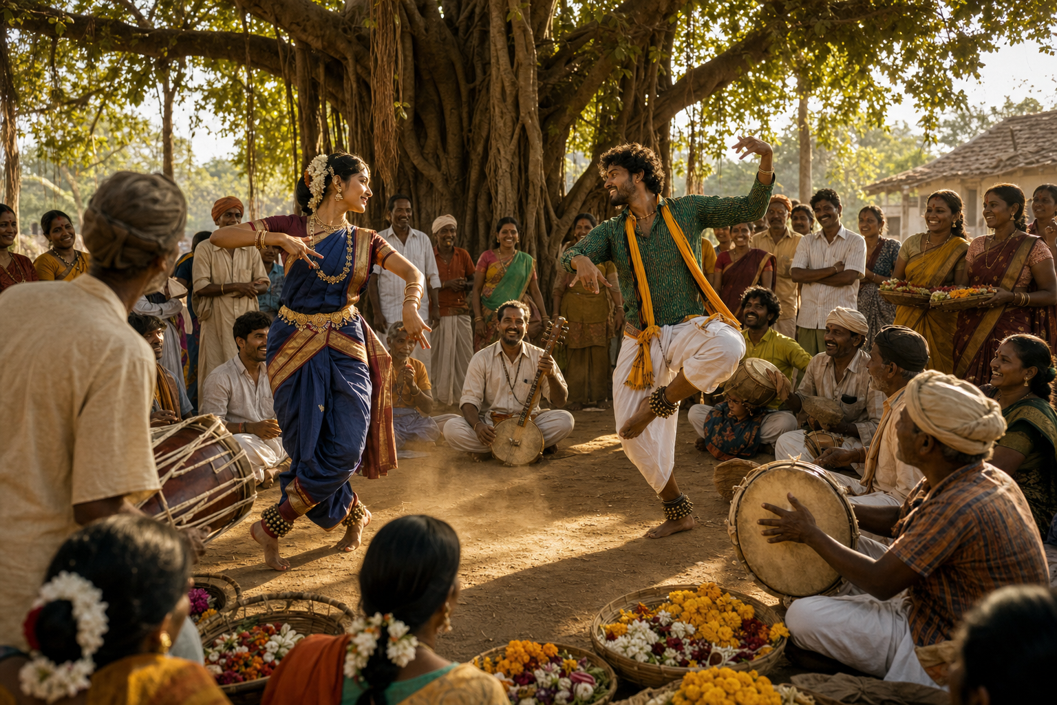 Classical and village dancers perform together beneath a banyan tree as musicians and local families gather around them.