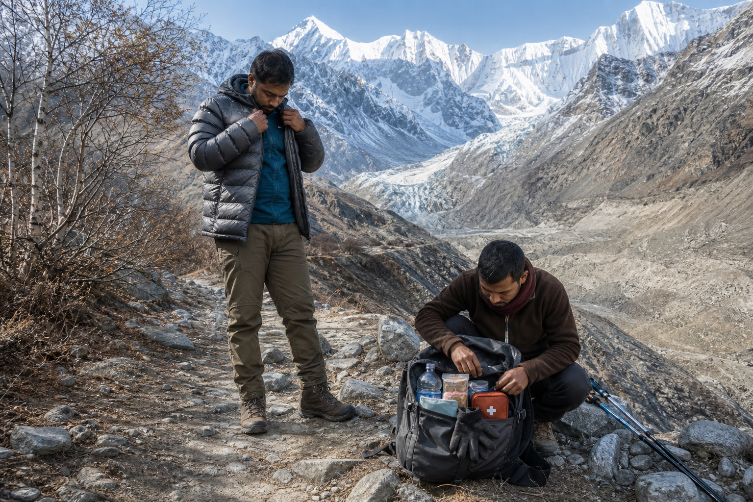 Two pilgrims adjust warm clothing and check water, food and first-aid supplies beside a rocky high-altitude trail.