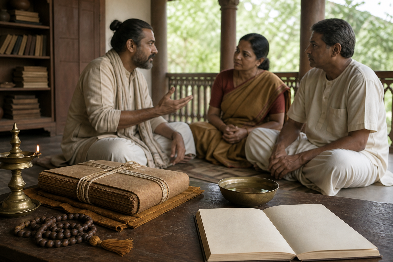 A wrapped palm-leaf manuscript, brass lamp, bowl of water, and prayer beads rest on a table while three people confer in the background.