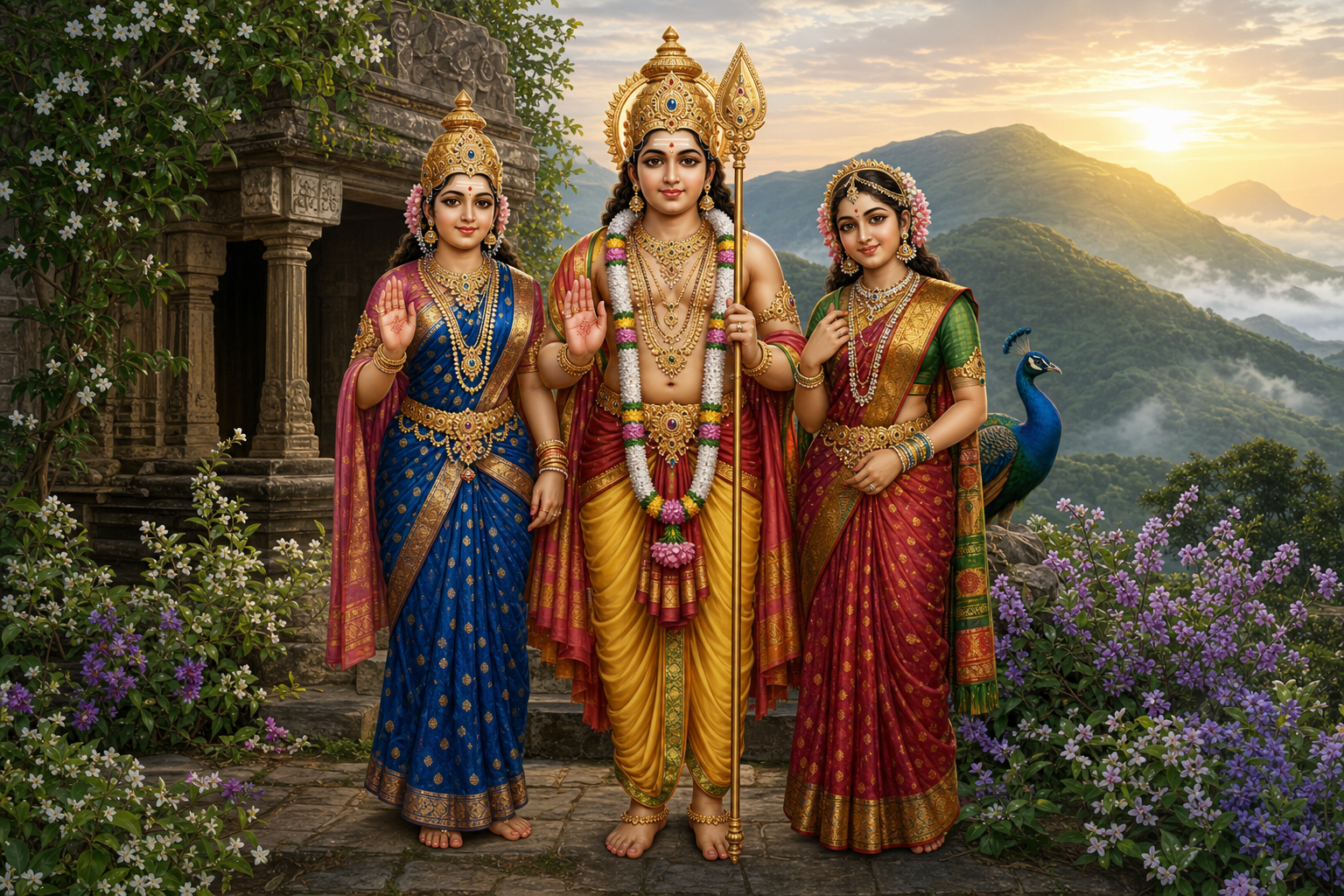 Muruga stands between Ma Devasena and Ma Valli in a flower-filled hill sanctuary, with a peacock and distant temple behind them.