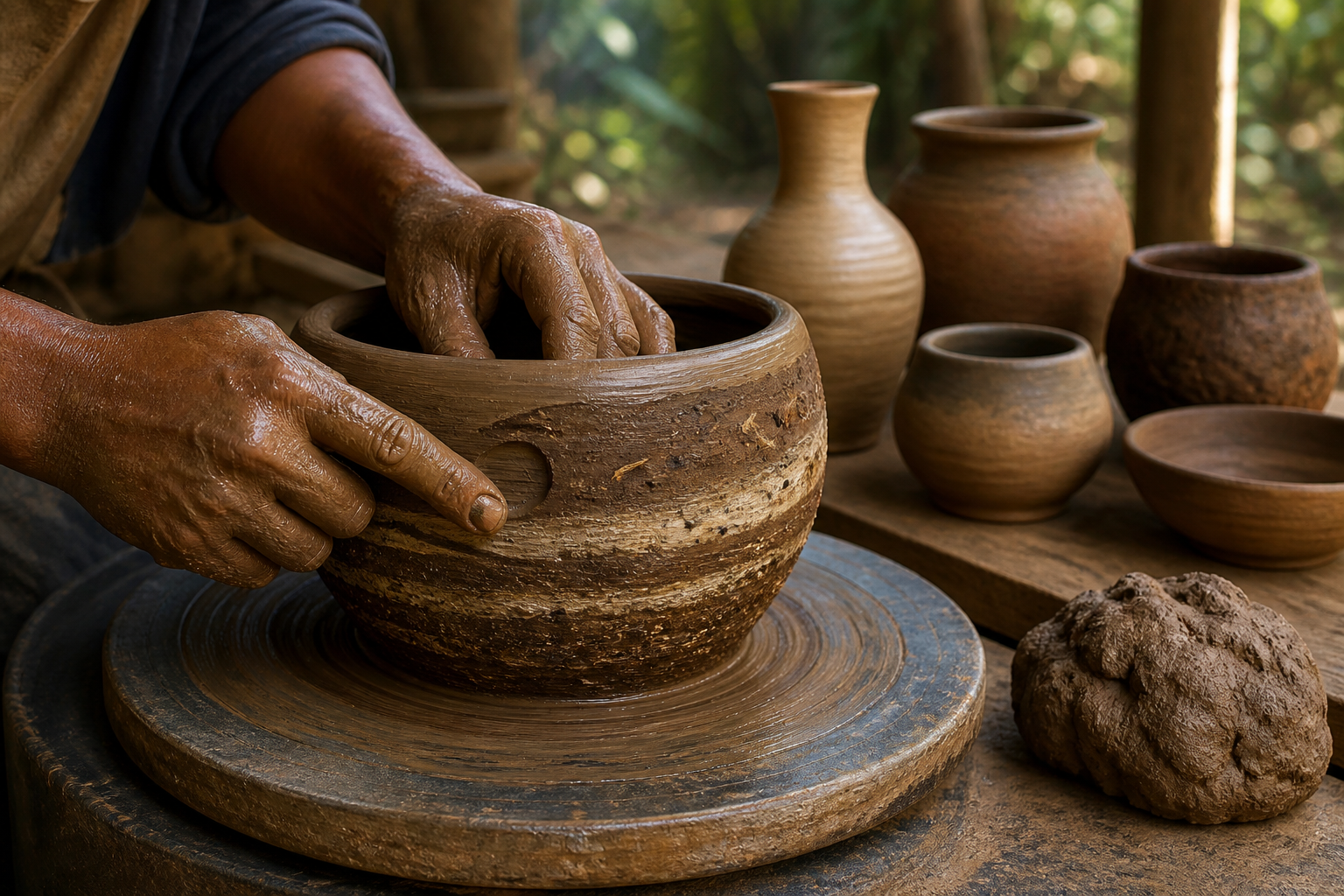 A craftsperson's hands shape layered clay into a vessel beside unfinished clay and several differently formed pots.