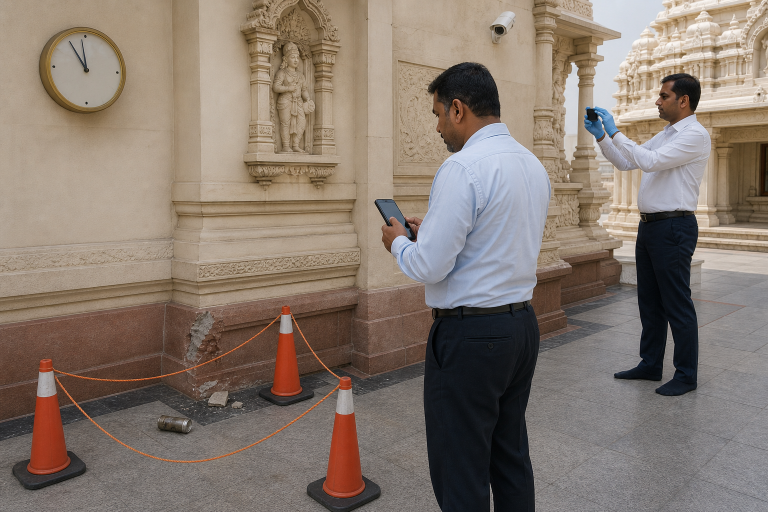 Gloved temple staff photograph damaged masonry and preserve a cordoned area outside a temple without disturbing potential evidence.