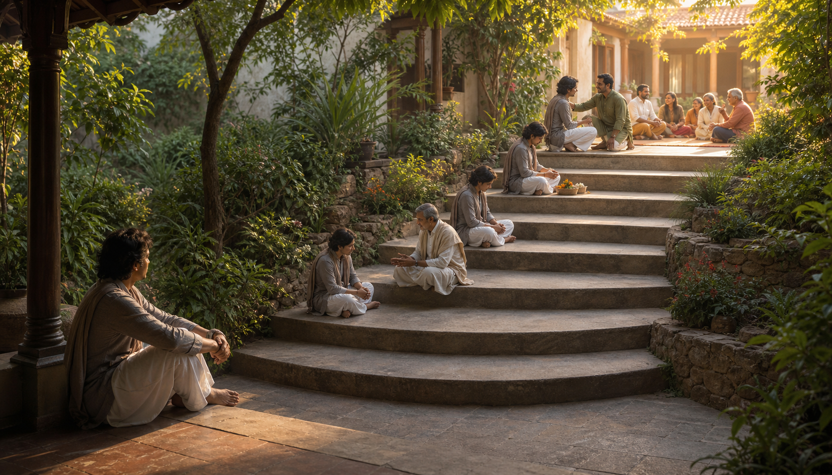 A person progresses along seven curved stone steps through a garden, from a private conversation to a welcoming community courtyard.