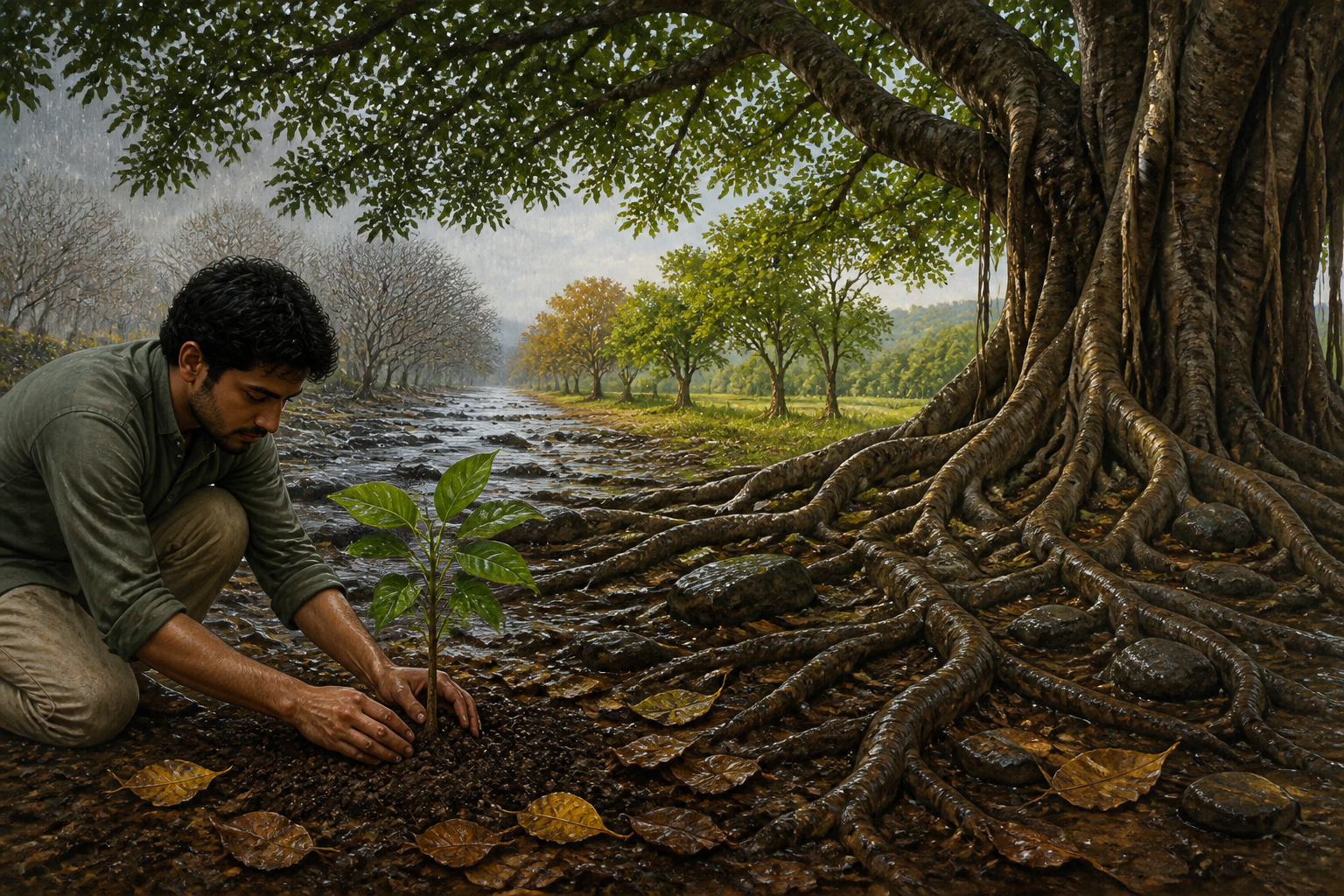 A person plants a banyan sapling beside an old banyan tree whose roots spread through leaf-covered soil.