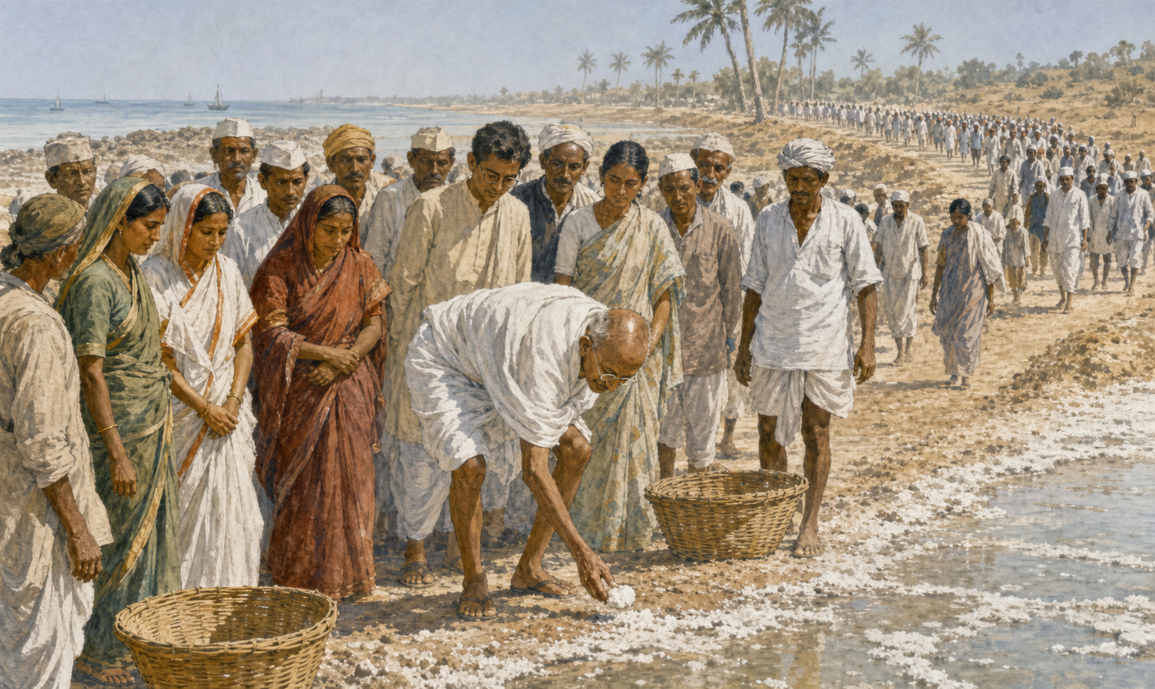 Gandhi bends to gather salt at a coastal salt flat while a diverse group of marchers watches and a long procession approaches in the distance.