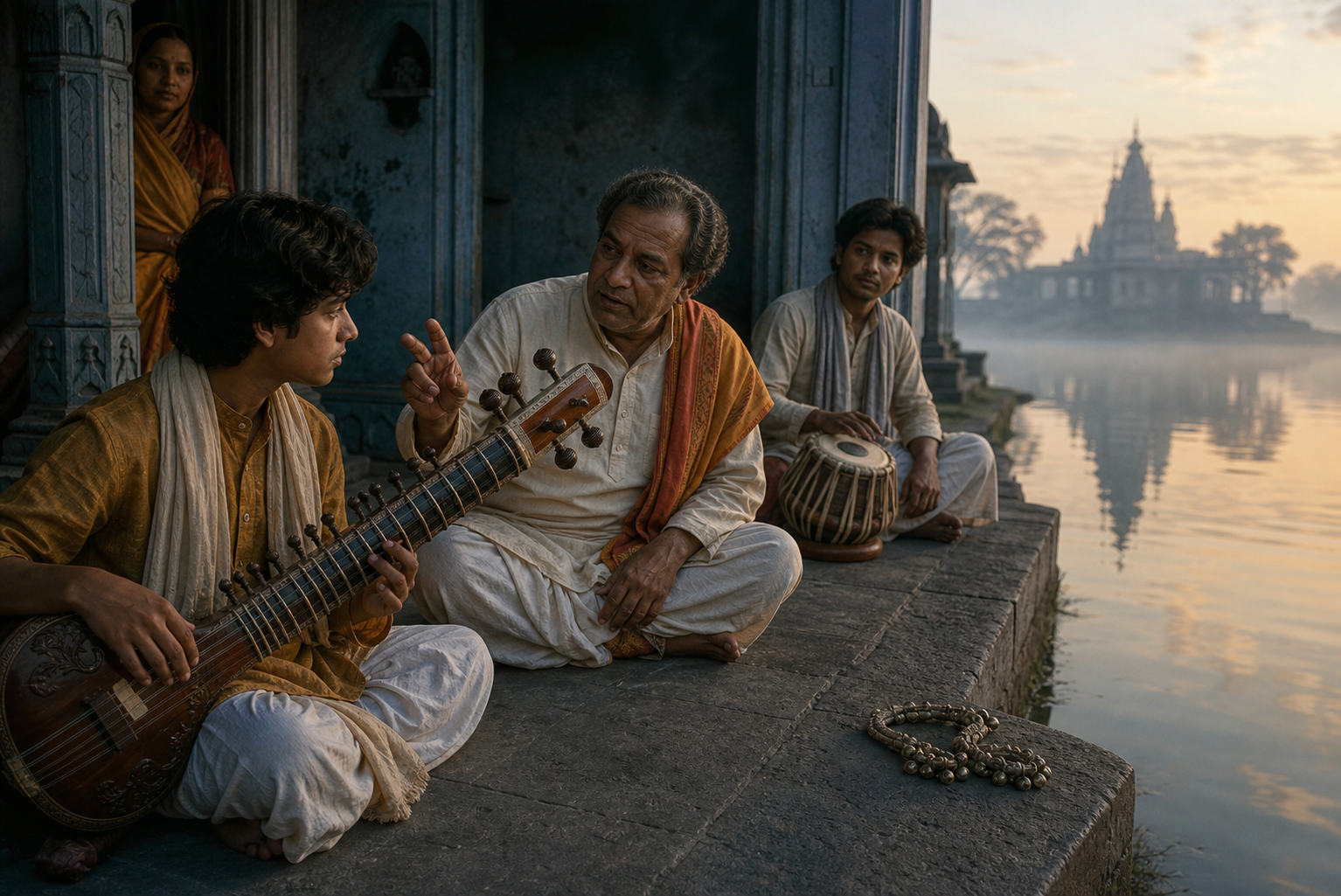 A riverside music lesson includes a teacher, apprentice, waiting drummer, ankle bells, an observer behind a pillar and a temple reflected in the water.