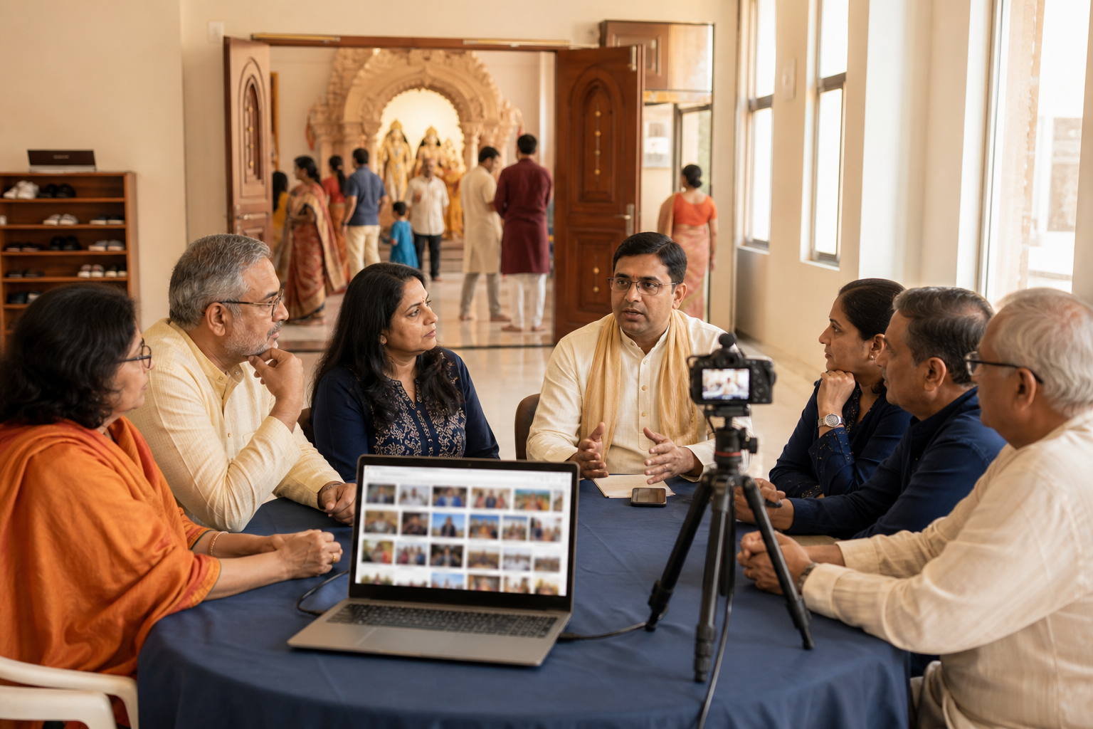 Temple trustees and volunteers prepare a calm public briefing while reviewing photographs in a community hall.
