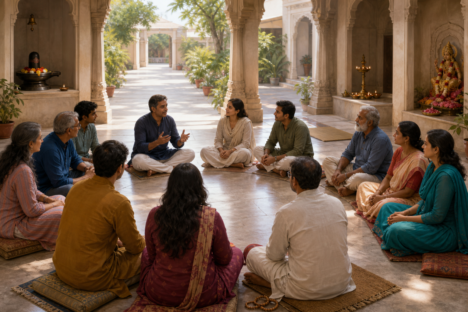People from different generations sit in a temple courtyard listening to one participant, with distinct devotional spaces visible around them.