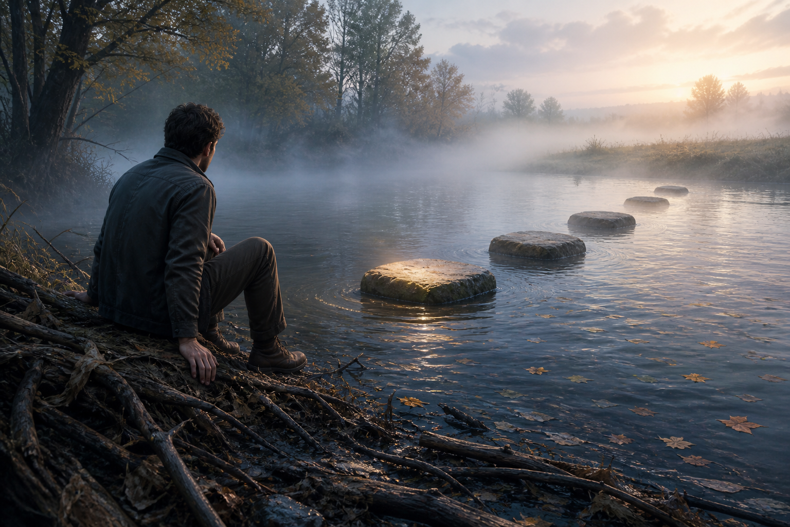 A person pauses beside a river before crossing five stepping stones from a debris-covered bank toward open ground.