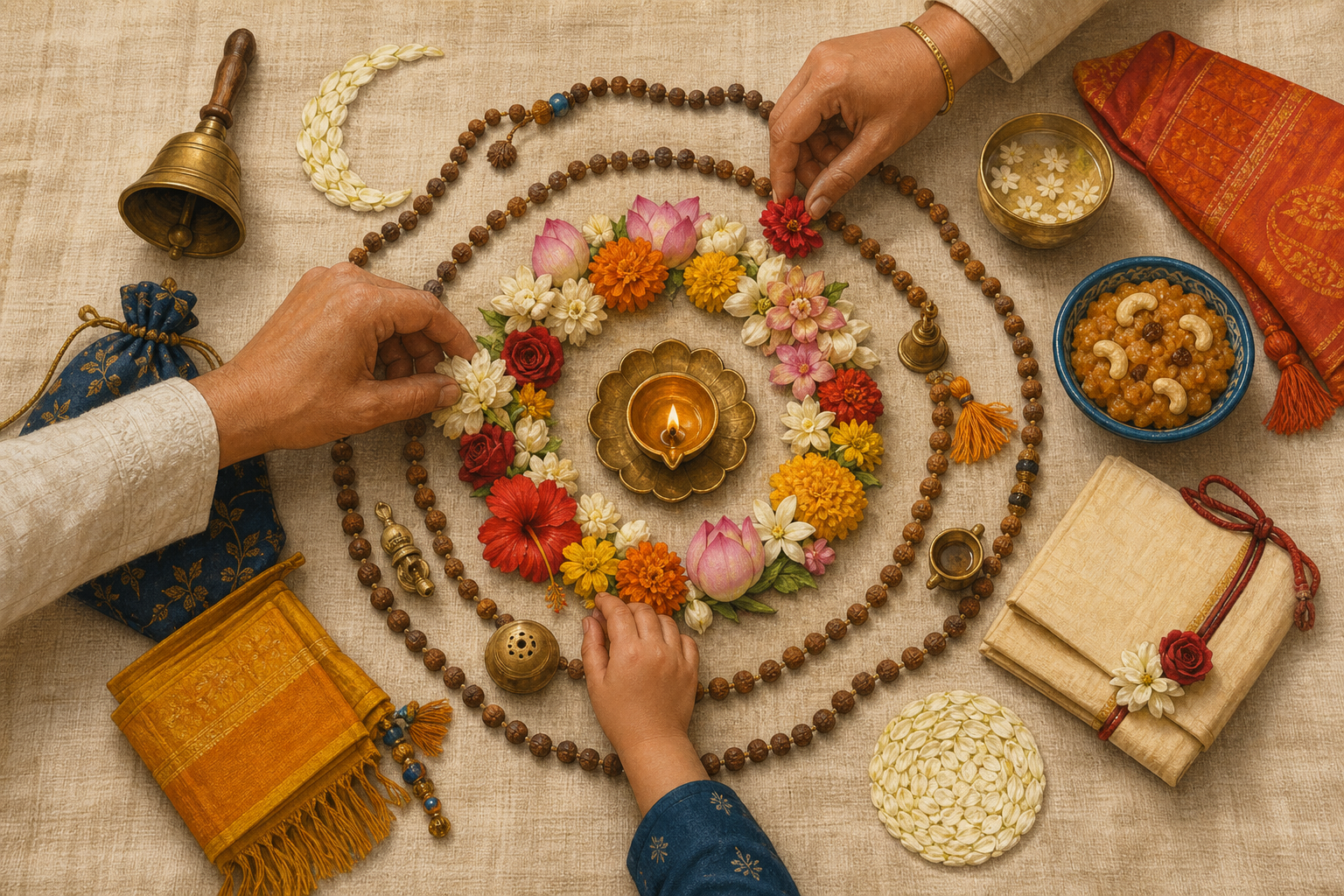 Three nested arrangements of festival flowers, prayer objects, and household tokens surround a brass diya while family members organize them.