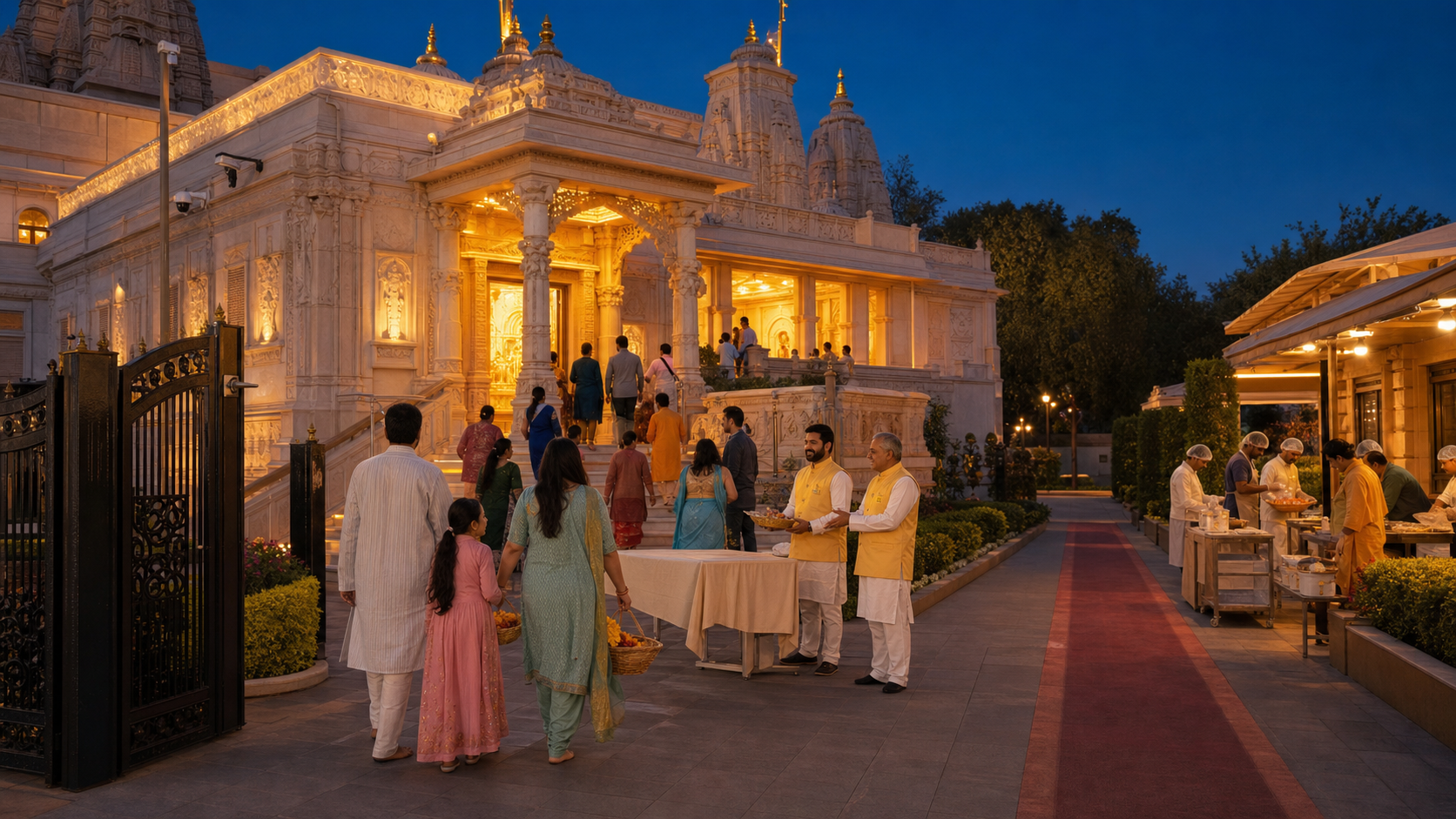 Families enter a warmly lit Hindu temple with discreet cameras, clear sightlines, secure gates, and trained volunteers at the entrance.
