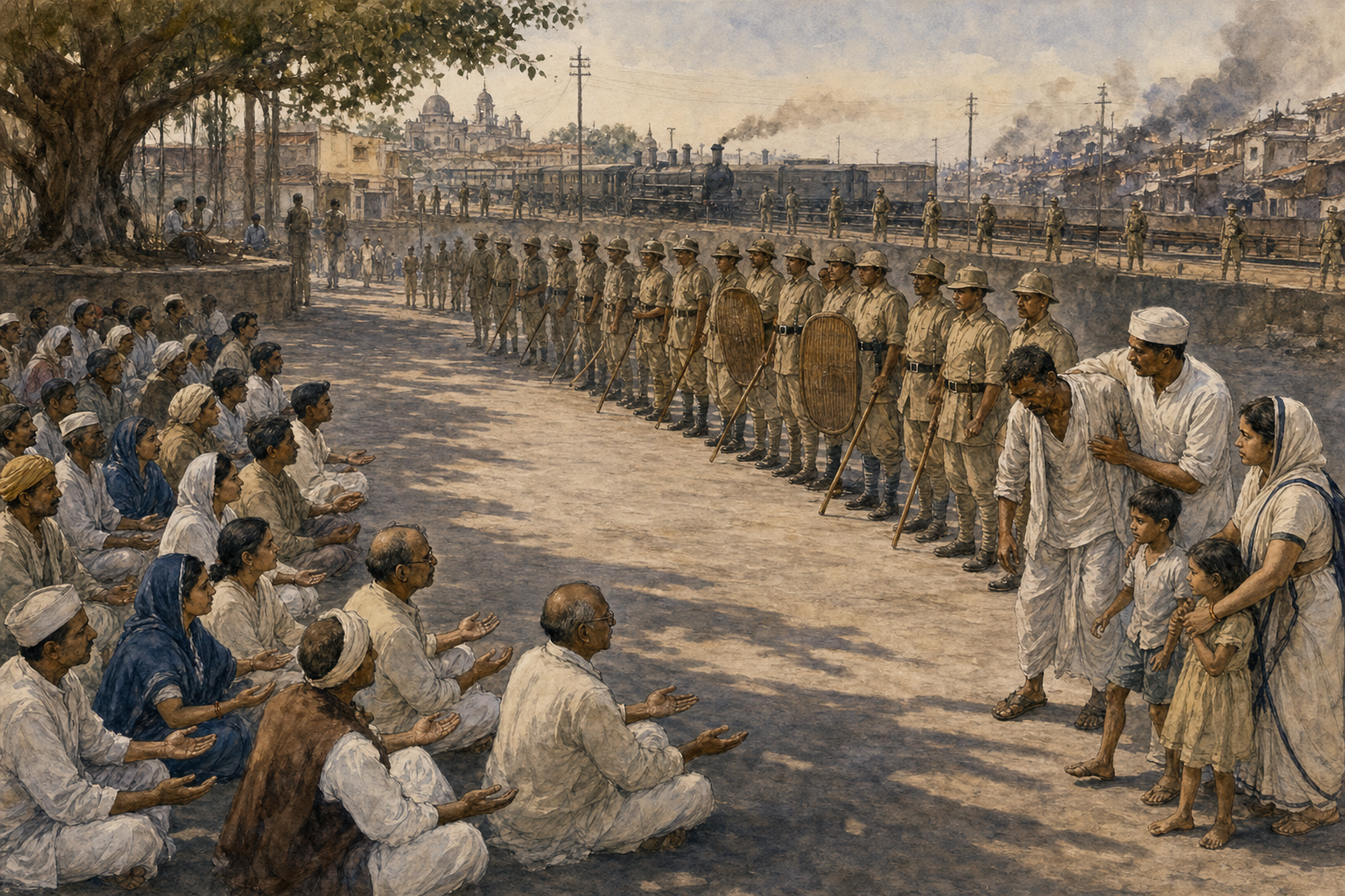 Seated nonviolent protesters face a line of colonial police in a town square while volunteers help a marcher and guarded railway tracks and distant smoke appear behind them.