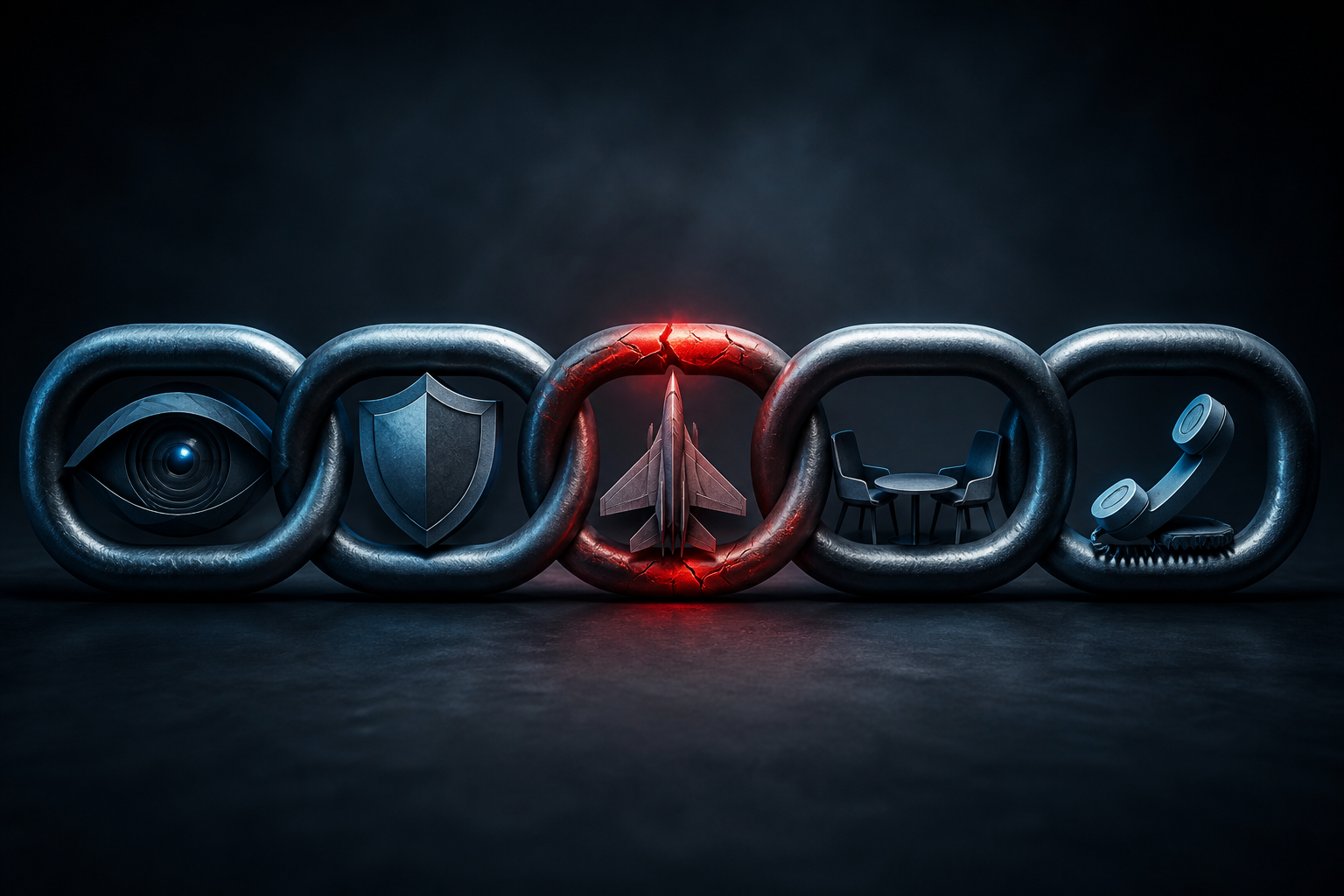 A continuous chain connects symbols of intelligence, protection, limited military action, diplomacy, and emergency communication, with one weakened link glowing red.