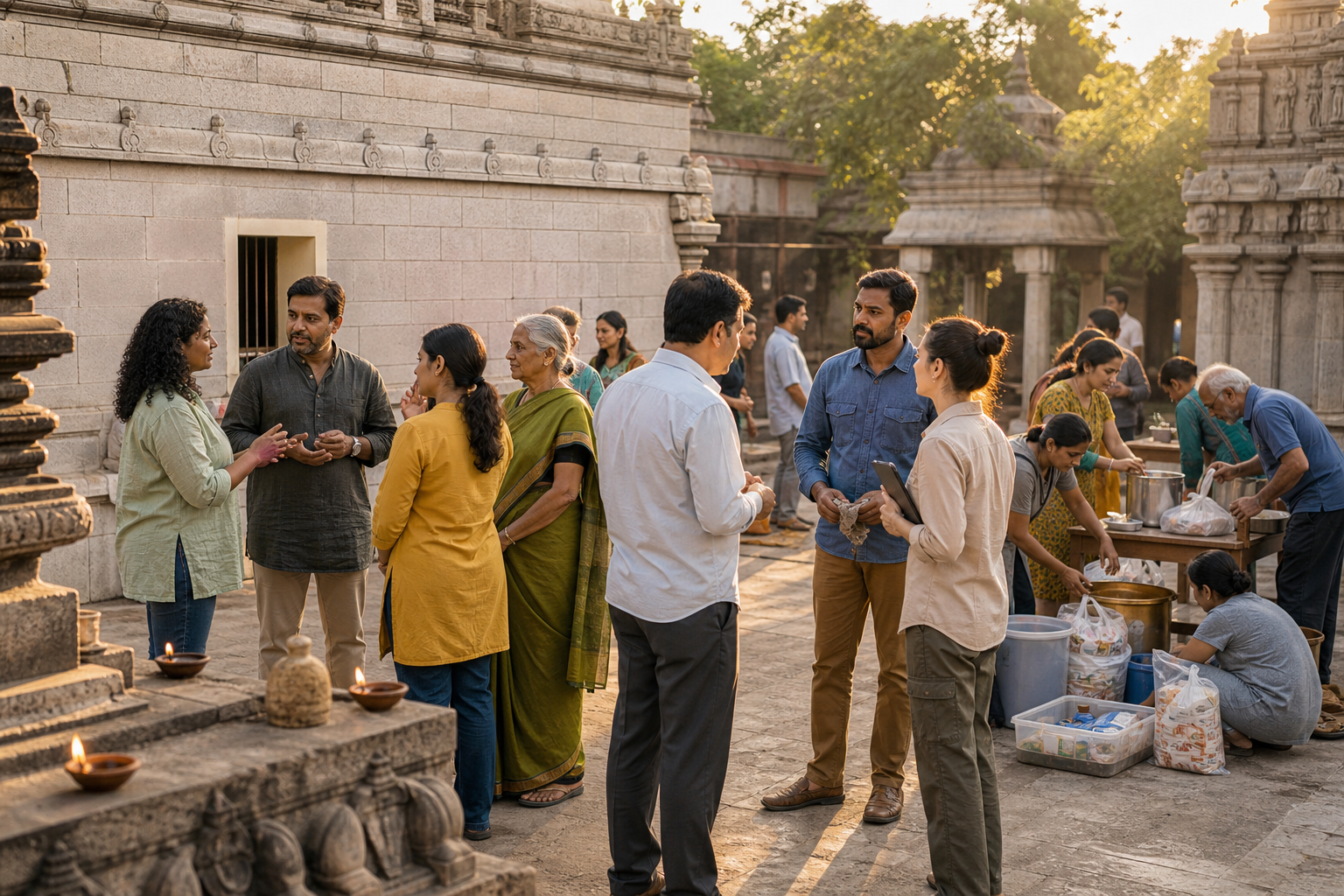 Temple volunteers, neighbours, a community officer, and a preservation worker gather beside a repaired temple wall while seva activities continue nearby.