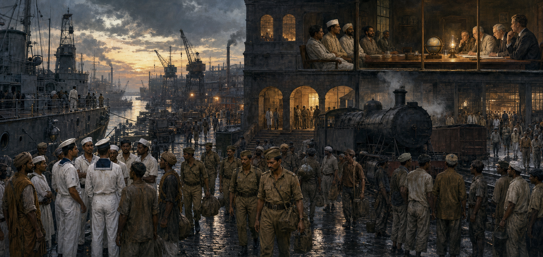 Indian sailors, dockworkers, railway workers, demobilized soldiers, and mill laborers gather below an office where British administrators and Indian representatives face one another across a negotiation table.