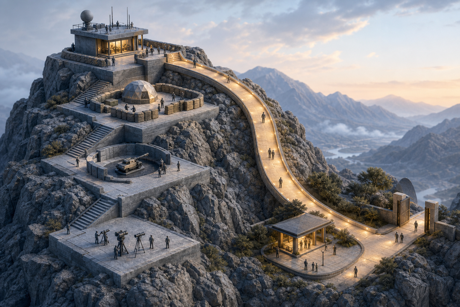 An isometric stone response ladder rises through stages of observation, protection, and limited action, then connects to a gently descending illuminated ramp leading to a meeting pavilion and open gate.
