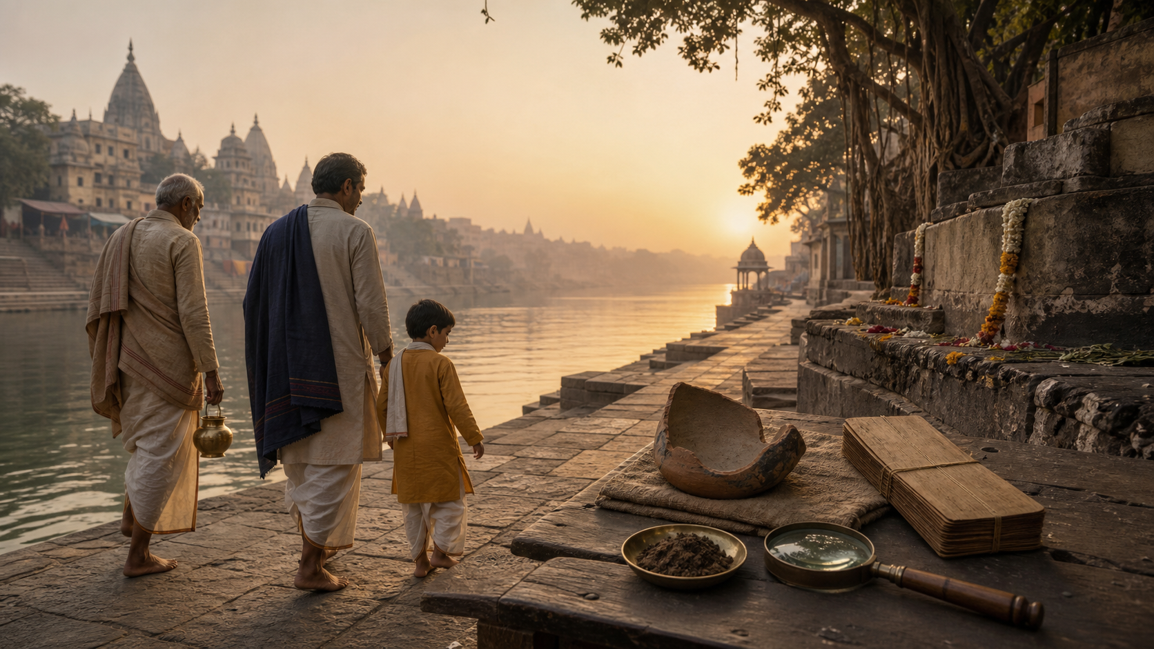 Three generations of an Indian family walk beside a river at dawn near old stone steps, while pottery, a palm-leaf manuscript, a soil sample, and a magnifying lens rest on a table in the foreground.