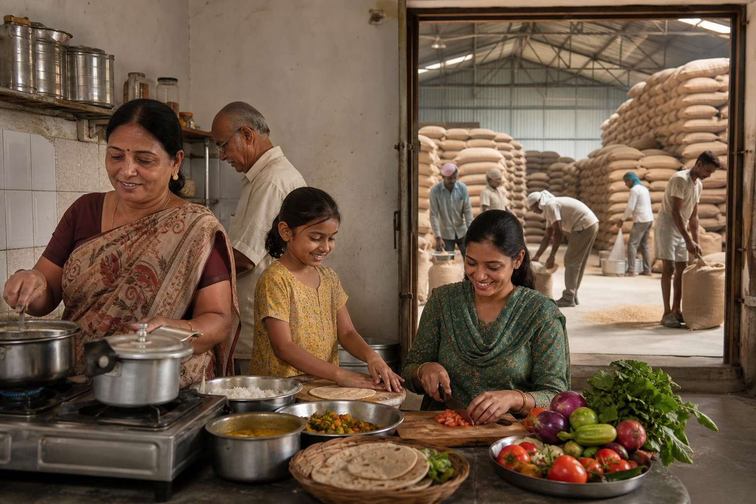 A multigenerational Indian household prepares a meal while workers organize sacks of grain in a reserve warehouse visible through an open doorway.