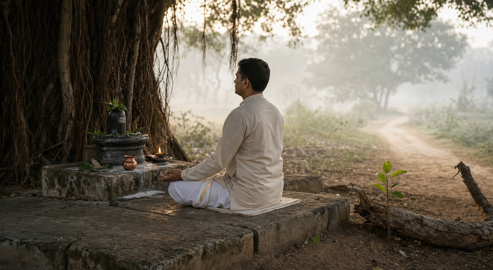 A devotee meditates before an outdoor Shiva linga at dawn beside a fallen branch and a new green shoot.