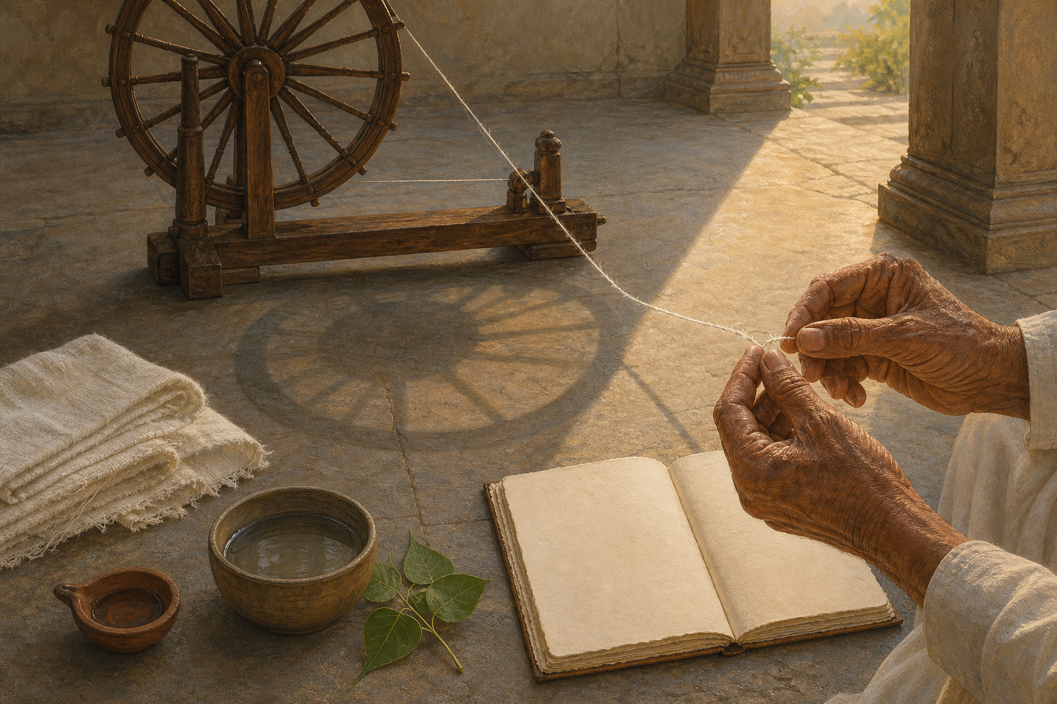 Weathered hands repair a cotton thread beside a wooden spinning wheel, folded white cloth, a bowl of water, fig leaves, a clay lamp, and a blank open notebook.