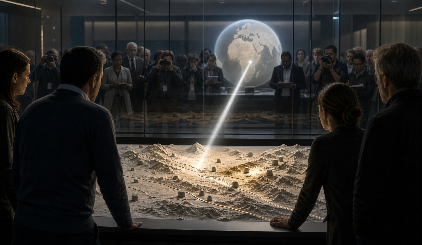 An anonymous command team examines an unlabeled border terrain model while diplomats, observers, and journalists view the scene through glass, with a beam of light extending toward a globe.
