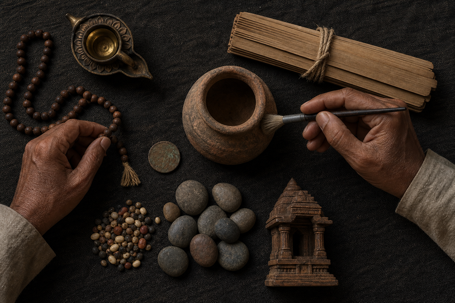 An overhead arrangement shows a brass lamp, prayer beads, a clay vessel, a coin, palm leaves, seeds, river stones, and a small wooden shrine model as two hands examine the objects.