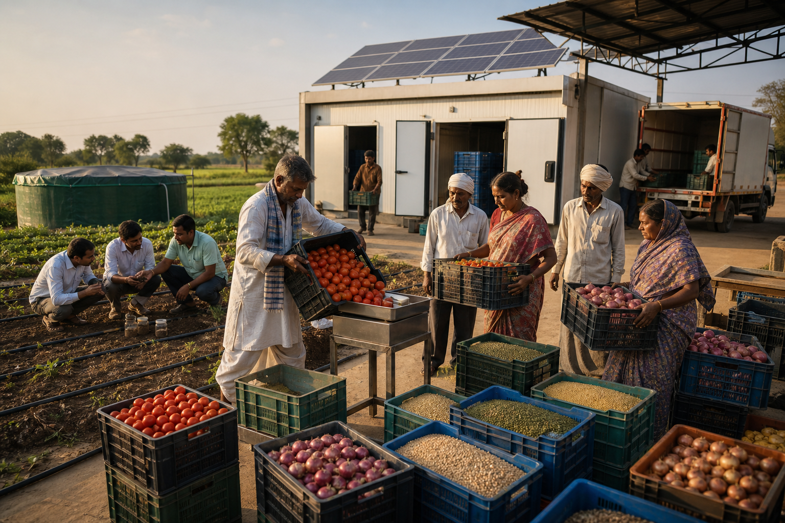 Indian smallholder farmers bring crates of vegetables and pulses to a cooperative hub with weighing equipment, cold storage, drip irrigation, a water tank, and a refrigerated truck.