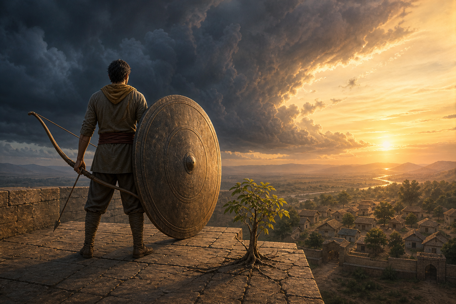 An anonymous guardian protects a border village with a raised shield while holding a bow lowered and an arrow unloosed, beside a young banyan tree at dawn.