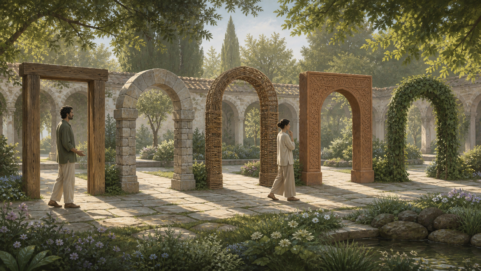 A person pauses along a garden path that passes through five open gateways while a companion waits at a respectful distance.