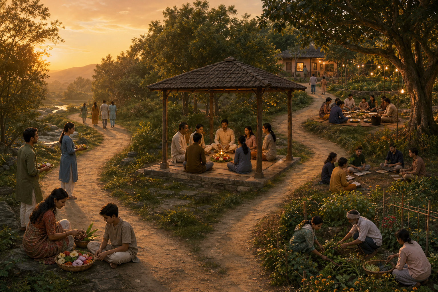 A continuous path passes through a small lamp-lit ceremony and continues toward a study group, shared meal, family home, and community garden.
