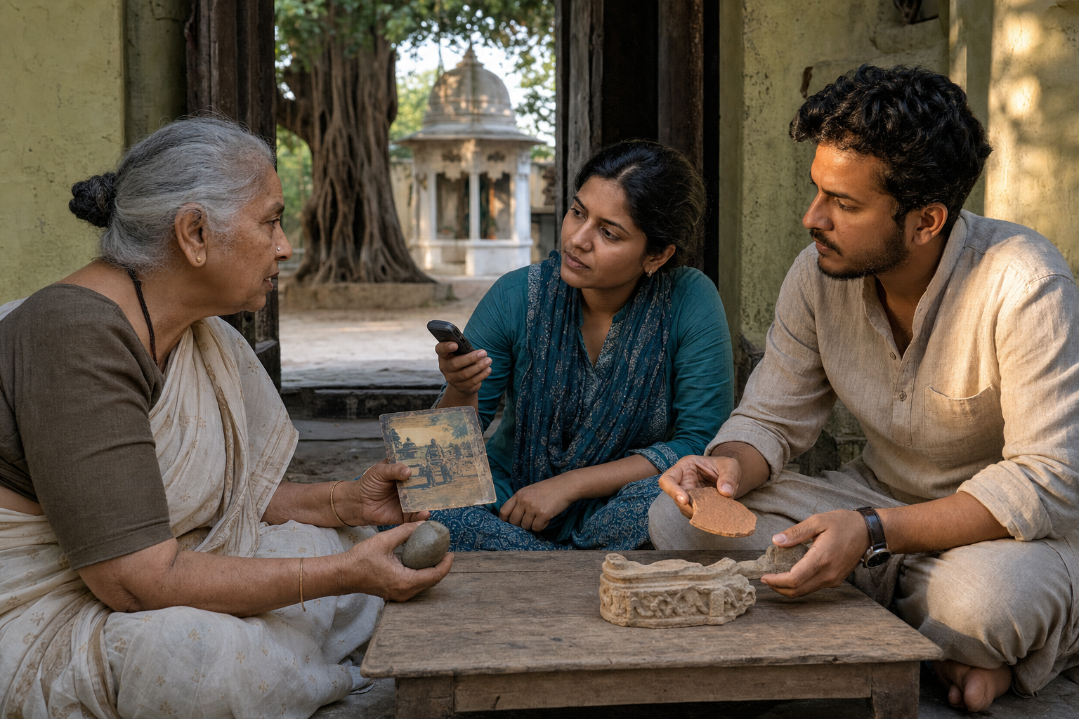 An elderly Indian woman speaks to two younger adults in a shaded courtyard while they record her account and examine a river stone, pottery shard, and architectural fragment.
