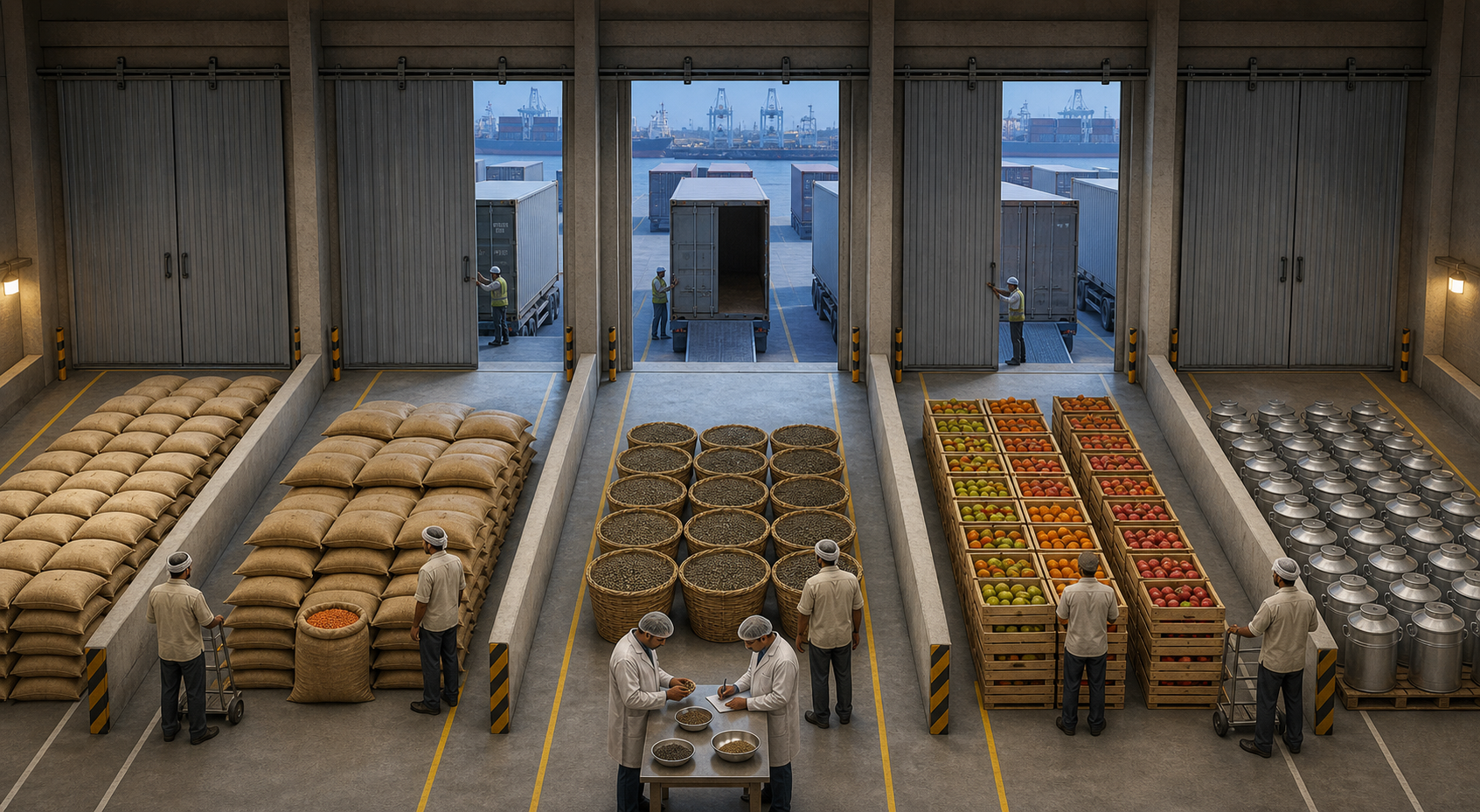 Separate warehouse bays contain grain, pulses, oilseeds, fruit, and dairy goods, with some doors open toward a container port and others partly open or closed.