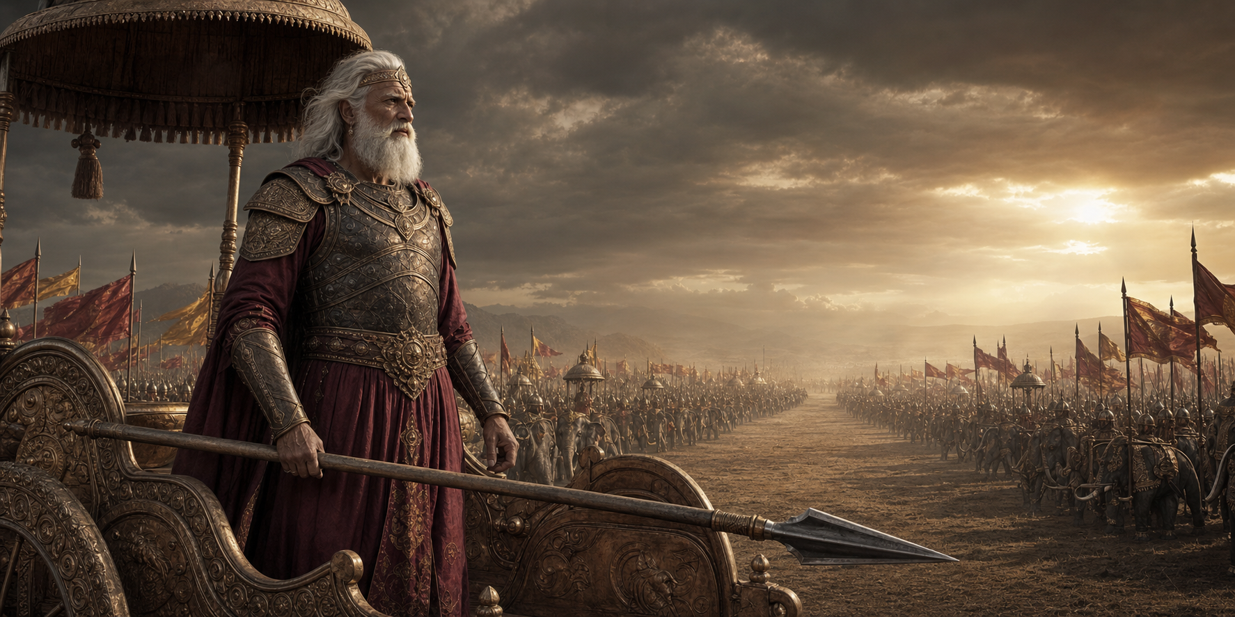 An elderly white-bearded Kuru king stands in a war chariot between two distant armies on the plain of Kurukshetra at dawn.