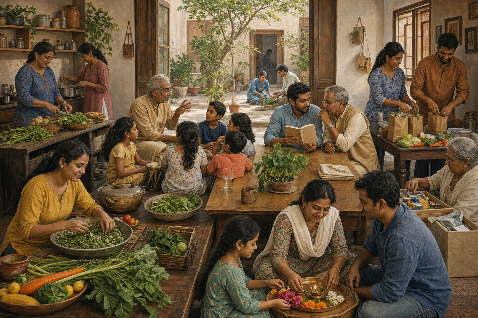Children, adults, and elders study, make music, prepare food, arrange flowers and a lamp, and organize community supplies in a shared neighborhood space.