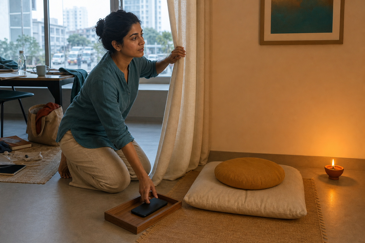 A person prepares a quiet meditation area by placing a phone face down, drawing a curtain, and leaving a floor cushion beside a small lamp.
