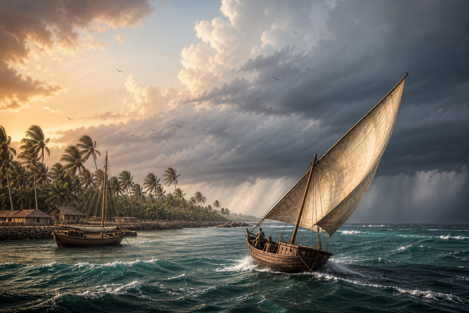 Wooden sailing vessels travel and wait near a palm-lined harbour as strong seasonal winds, whitecaps, and distant rain reveal monsoon conditions.