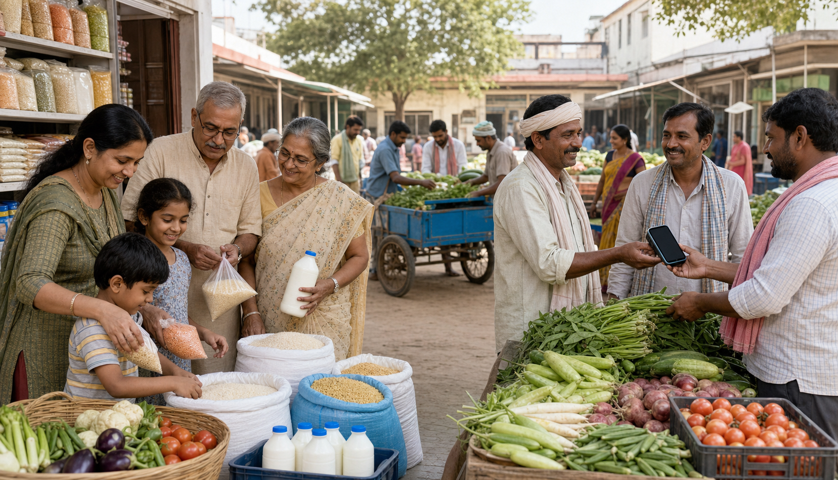 An Indian family buys staple foods and vegetables at a neighborhood market while farmers unload produce and receive payment at a cooperative counter nearby.