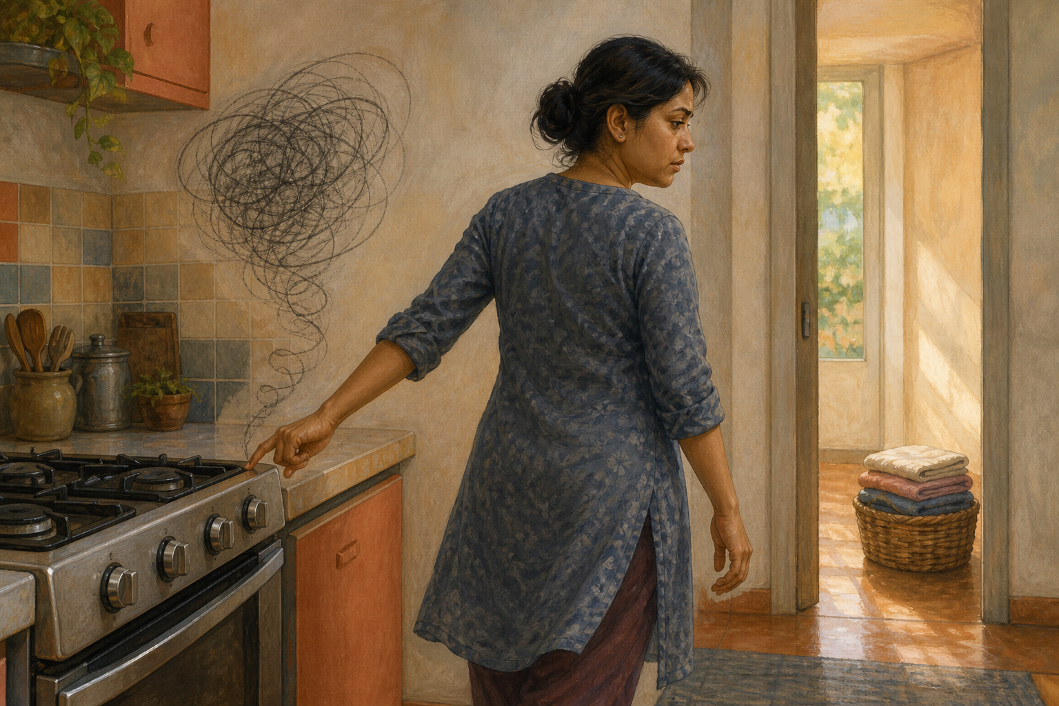 A person turns away from a kitchen stove after checking its knobs, facing a basket of laundry near a sunlit doorway while faint looping lines remain above the stove.