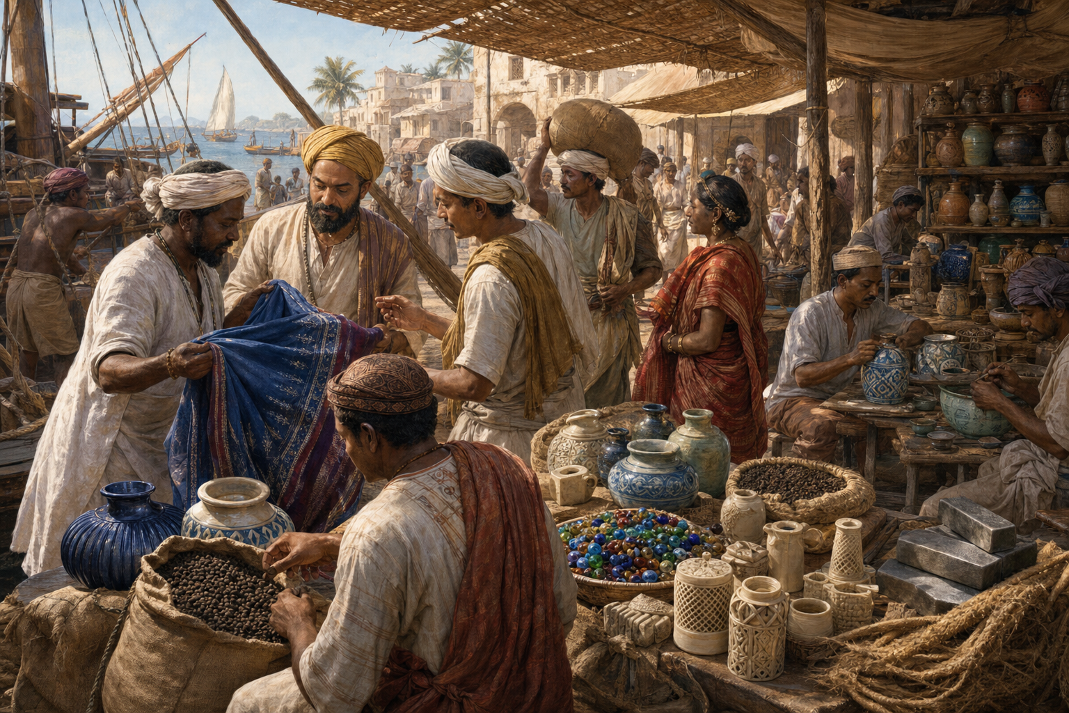 Merchants, porters, and craftspeople at an Indian Ocean dock handle textiles, pepper sacks, beads, ceramic jars, and metal while artisans work nearby.