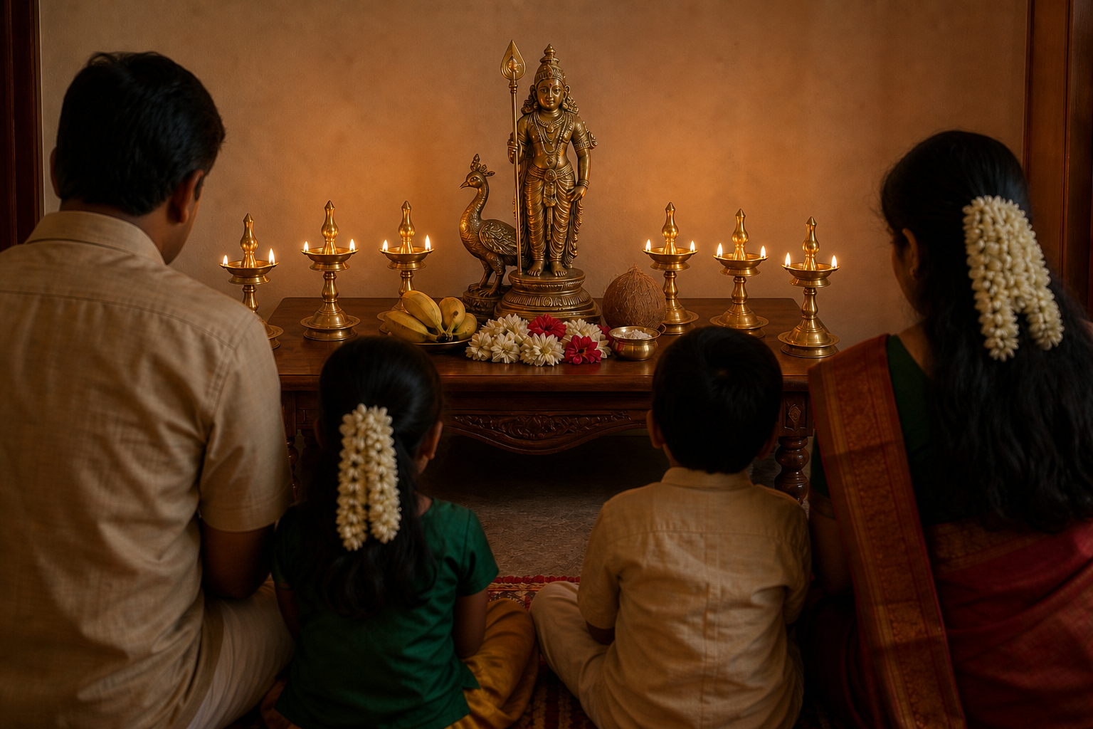 A family prays before a home altar with a bronze Murugan figure, a vel spear, six oil lamps, flowers, fruit, and sacred ash.