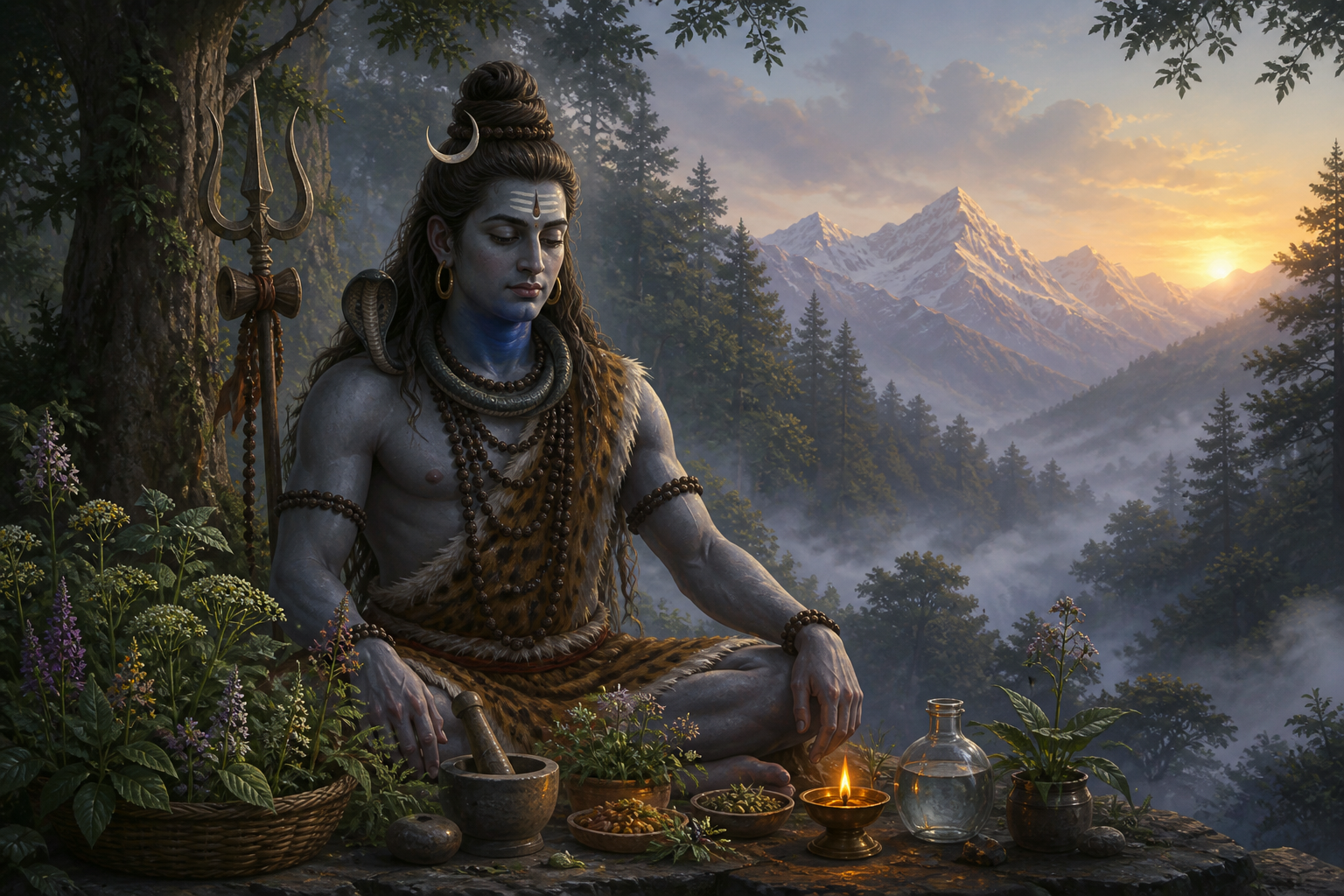 An illustrated Rudra-Shiva sits beside medicinal plants and an oil lamp at the edge of a misty Himalayan forest.