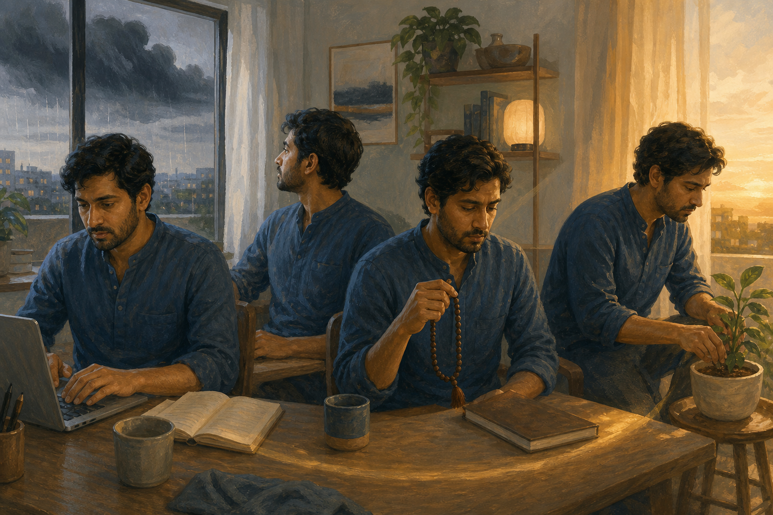 Four connected views of the same person show them becoming distracted at a desk, pausing with prayer beads, and returning to their task and a nearby plant.